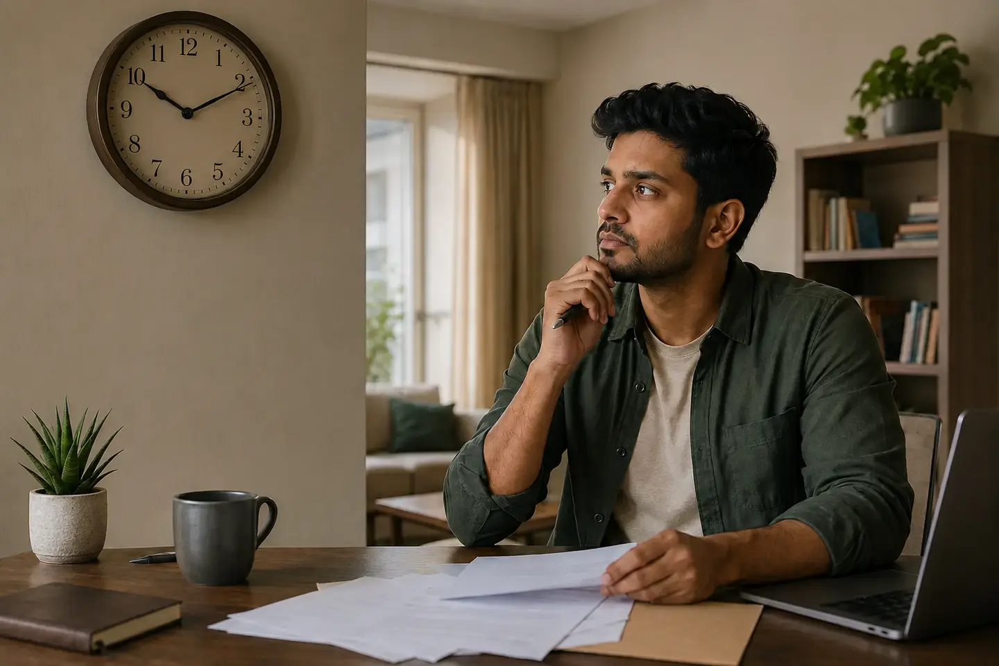 A thoughtful young Indian man postponing paperwork beside a wall clock